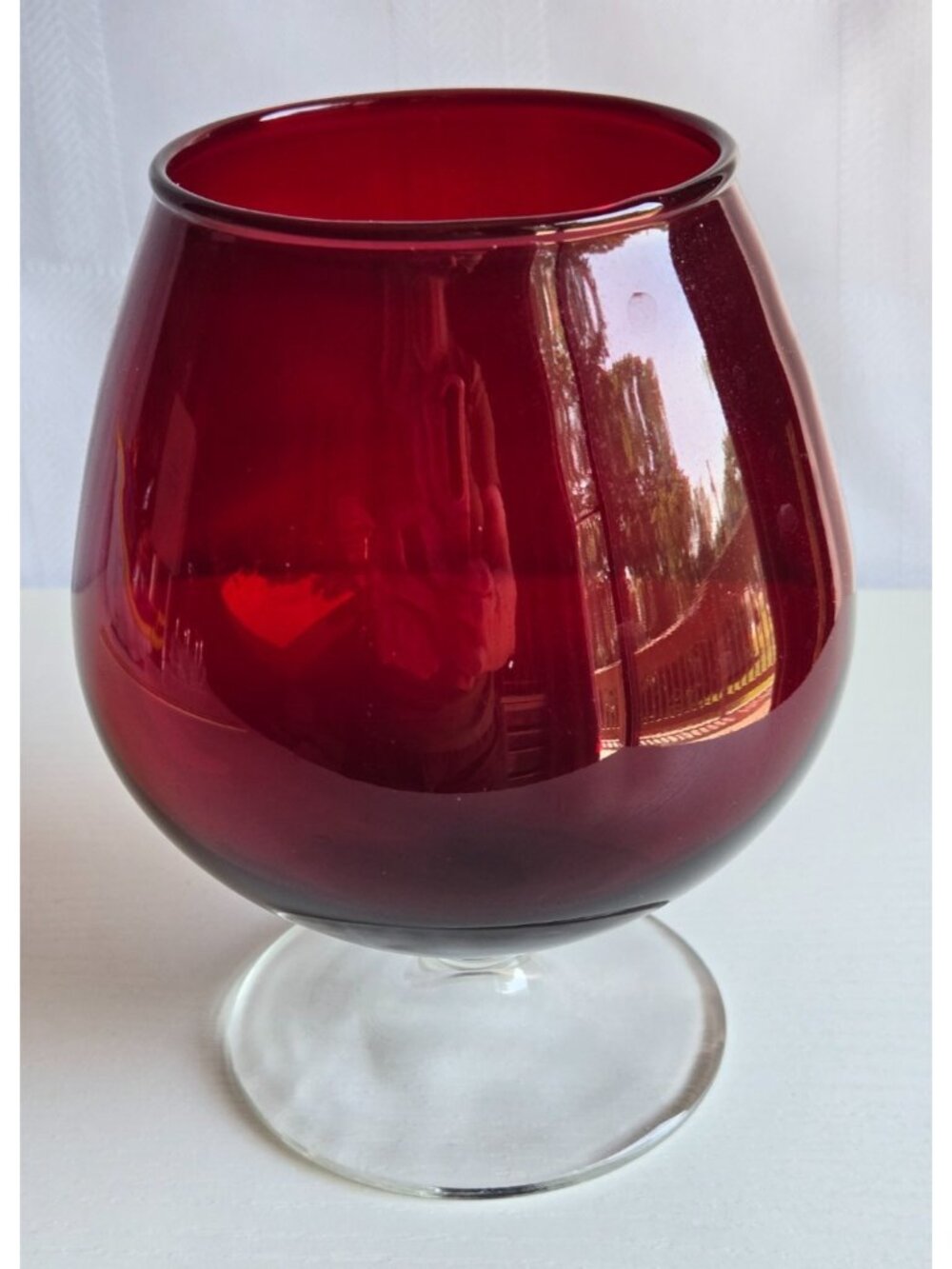 Large Red Glass Brandy Snifter Clear Stem Retro Hippy Decor